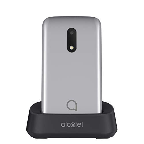 Alcatel 3026 - Teléfono móvil de fácil uso con tapa y base para cargar, botón SOS, Cámara 2MP con flash, teclas grandes, Plateado