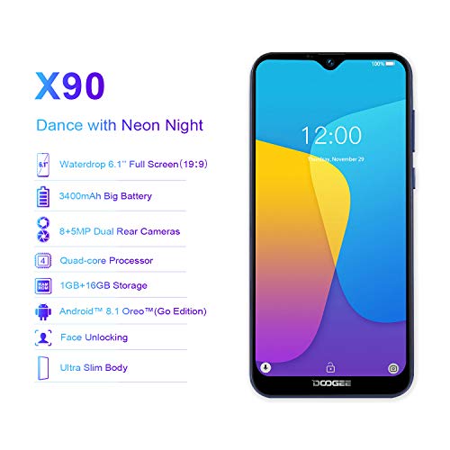 DOOGEE X90 Telefonos Moviles Libres Baratos, Android 8.1 Smartphones Libres Baratos Doble SIM 19:9 Pantalla 6.1'', 3400mAh Batería Octa-Core 1GB RAM+16GB ROM, Cámara 8MP+5MP, Face ID 3G, Azul