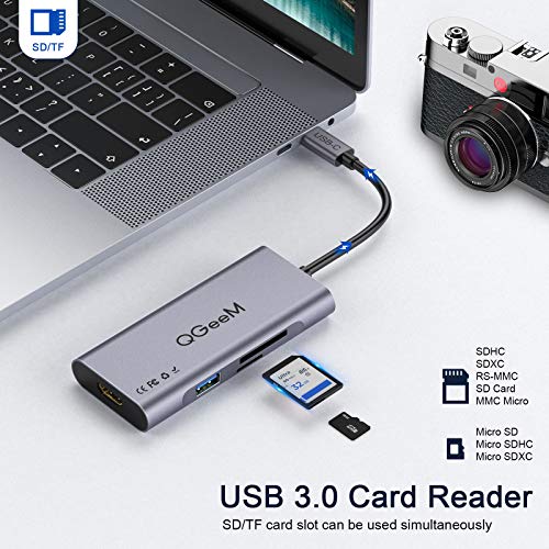 QGeeM Hub USB C, 7 en 1 Adaptador USB C,Tipo C Hub a HDMI 4k, 3 Puertos USB 3.0, Suministro de Energía de 100 W, Lectores de Tarjetas SD/TF Compatibles con MacBook Pro 13/15 (Thunderbolt 3)