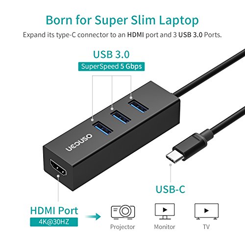 UCOUSO hub USB 4 en 1 hub USB 3.0 Adaptador 3* USB 3.0 + HDMI Adaptador USB C para Mac/Macbook Pro 13/Windows 10/ Lenovo/DELL XPS 13/HP etc.